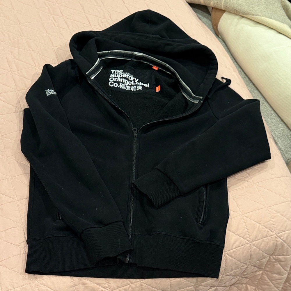Superdry Black Zip Hoodie with Branded Neck Detail XL